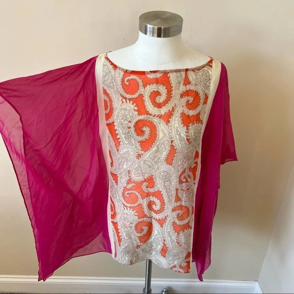 Talbots 100% Silk Paisley Chiffon Top Size S / M Pink Orange 14423 - Picture 1 of 7